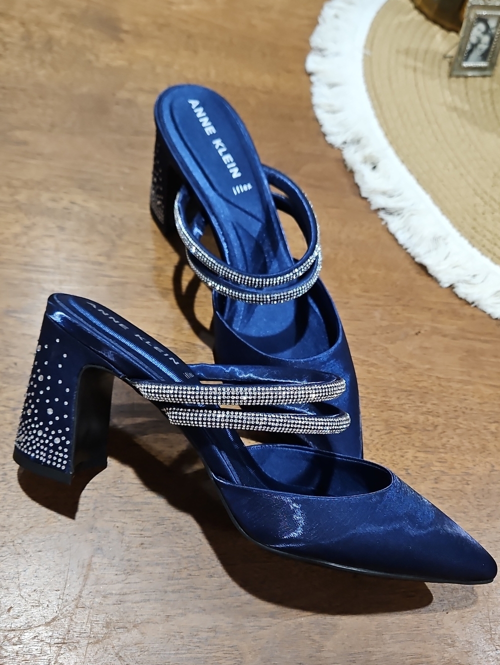 Anne Klein Navy Satin Pointed Toe Heeled Mules with Rhinestone Straps